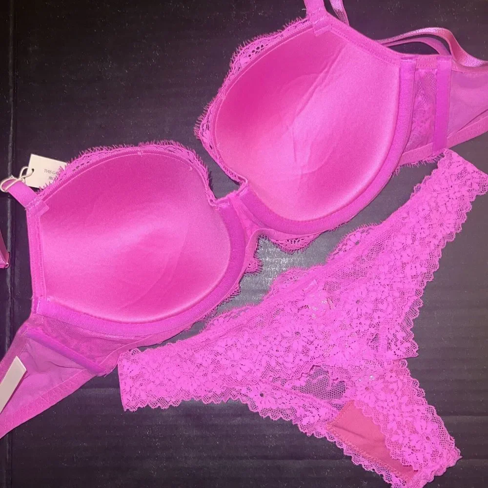 Victoria's Secret 32DD BRA SET S thong BANY PINK LACE DREAM ANGELS lined Demi - Picture 3 of 3